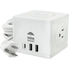 WBM Power Strip with Wireless Charger, Surge Protection Extension Cord with 2 AC Outlets, 2 USB Ports & 1 C Type, 5.9 ft Long, 5W Wireless Charging Cube
