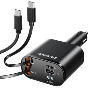 SUPERONE Retractable Car Charger for iPhone with Dual Type C Cables, 4 in 1 USB C Car Charger Adapter with PD 60W Fast Charging Compatible with iPhone 16 15 14 13 12 11 Pro/XS/XR/SE/iPad/Airpods
