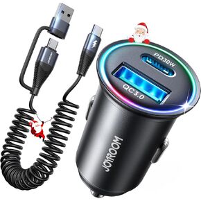 شاحن سيارة JOYROOM USB C، كابل ملفوف USB A/C إلى USB-C 】شاحن هاتف سيارة فائق السرعة بقدرة 60 وات 【صغير وجميع المعادن】محول شاحن سيارة iPhone لهاتف iPhone 15/14/13/12/11 Pro/11/X ‎نوت 9/20 جالاكسي S23/S10/S9 in Kuwait