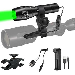 WINDFIRE Green Light LED Flashlight Super Bright 2000 Lumen Zoomable Waterproof Outdoor Tactical Hunting Flashlight Set with Pressure Switch, Picatiny Mount for Hog Coyote Varmint Hunter