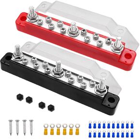 150A 12V Bus Bar Marine Power Distribution Terminal Block with Cover with 3 x 1/4"Post,10 x M4 Terminal Screws,Battery Bus Bar (Pair, Red & Black) for Car Boat Marine