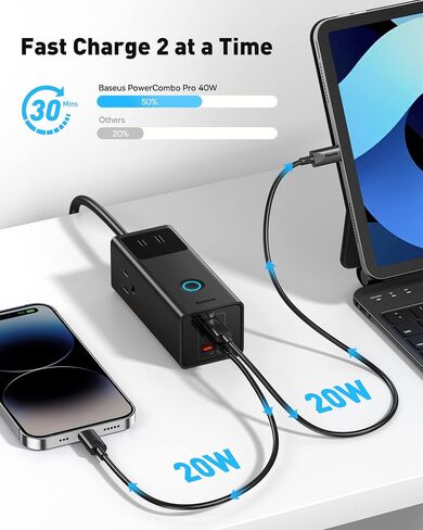Baseus Power Strip Surge Protector 1200J - PD40W USB C شاحن تمديد الحبل مع 3 منافذ تيار متردد و3 منافذ USB شحن سريع لمحطة شحن المكتب وغرفة النوم والمنزل in Saudi Arabia