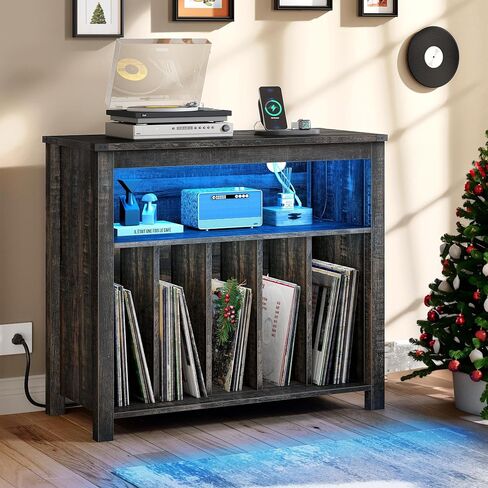 YITAHOME Large Record Player Stand with Power Outlets & LED Lights, Vinyl Record Storage Table with Display Shelf Holds Up to 120 Albums, Turntable Stand for Living Room, Bedroom, Dark Rustic Oak in Saudi Arabia