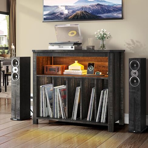 YITAHOME Large Record Player Stand with Power Outlets & LED Lights, Vinyl Record Storage Table with Display Shelf Holds Up to 120 Albums, Turntable Stand for Living Room, Bedroom, Dark Rustic Oak in Saudi Arabia