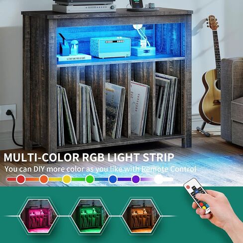 YITAHOME Large Record Player Stand with Power Outlets & LED Lights, Vinyl Record Storage Table with Display Shelf Holds Up to 120 Albums, Turntable Stand for Living Room, Bedroom, Dark Rustic Oak in Saudi Arabia