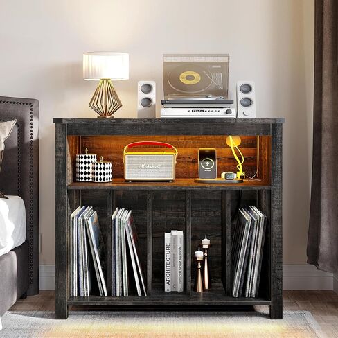 YITAHOME Large Record Player Stand with Power Outlets & LED Lights, Vinyl Record Storage Table with Display Shelf Holds Up to 120 Albums, Turntable Stand for Living Room, Bedroom, Dark Rustic Oak in Saudi Arabia