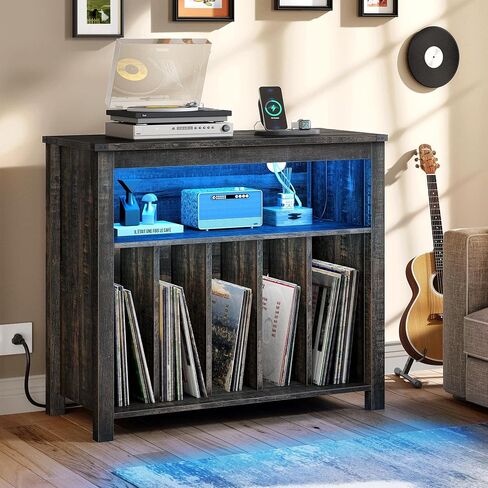 YITAHOME Large Record Player Stand with Power Outlets & LED Lights, Vinyl Record Storage Table with Display Shelf Holds Up to 120 Albums, Turntable Stand for Living Room, Bedroom, Dark Rustic Oak in Saudi Arabia