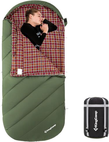 حقيبة نوم KingCamp للبالغين، حقيبة نوم واسعة للغاية من الفلانيل للتخييم، حقيبة ظهر للتخييم، الطقس الدافئ والبارد، كبيرة وطويلة، خفيفة الوزن، مقاس XL in Kuwait