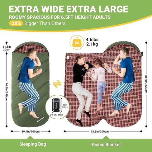 حقيبة نوم KingCamp للبالغين، حقيبة نوم واسعة للغاية من الفلانيل للتخييم، حقيبة ظهر للتخييم، الطقس الدافئ والبارد، كبيرة وطويلة، خفيفة الوزن، مقاس XL in Kuwait