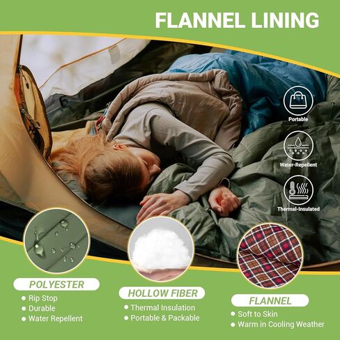 حقيبة نوم KingCamp للبالغين، حقيبة نوم واسعة للغاية من الفلانيل للتخييم، حقيبة ظهر للتخييم، الطقس الدافئ والبارد، كبيرة وطويلة، خفيفة الوزن، مقاس XL in Kuwait