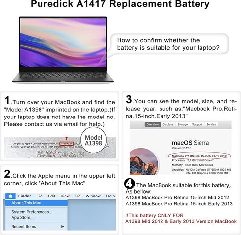 بطارية A1398 هذه لـ (منتصف 2012 وأوائل 2013 - يرجى تأكيد سنة MacBook الخاصة بك قبل الشراء) بطارية A1417 فقط لمنتصف 2012 وأوائل 2013 Retina A1398 MacBook Pro مقاس 15 بوصة in Saudi Arabia