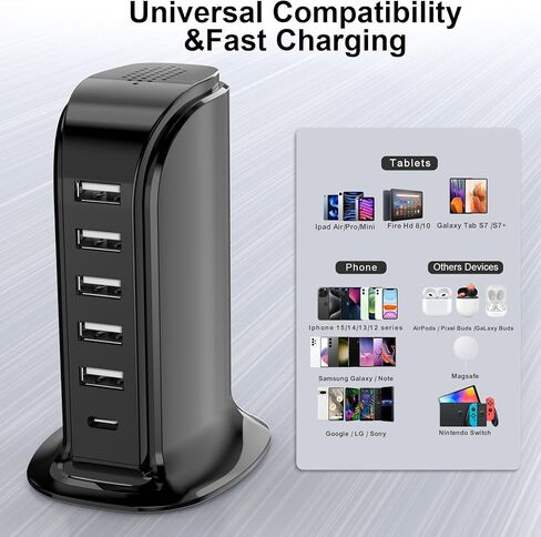 Charging Station for Multiple Devices 40W Upoy, Wall Charger Block 5 USB Ports(Shared 6A), USB Charging Hub Smart IC, Charger Tower with Type-C 3A for iPhone iPad Tablets Smartphones, Home Office Use in Kuwait