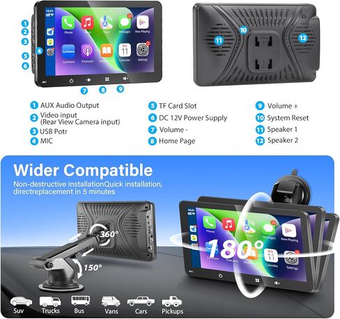 Apple Carplay,Portable Wireless Apple Car Play and Android Auto, 7'' Touch Screen Car Stereo,Car Radio with Backup Camera,Wireless AirPlay,Mirror Link,Bluetooth 5.0 Handsfree/FM/AUX/MIC/USB/TF in Kuwait