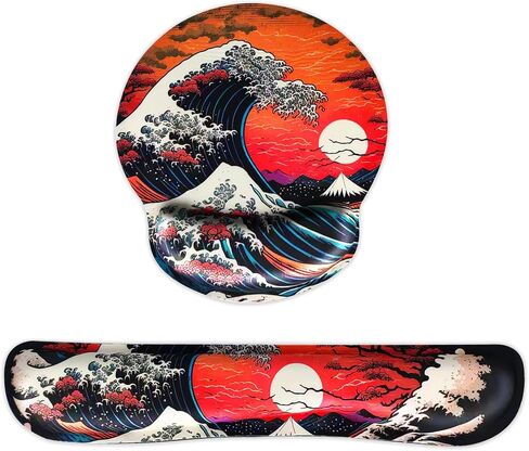 Ergonomic Japanese Sea Waves Small Mouse Pad with Wrist Rest and Keyboard Wrist Rest Set,Easy Typing & Pain Relief,Gaming Mousepad with Wrist Support for Computer Keyboard,Non-Slip Rubber Base in Kuwait