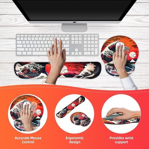 Ergonomic Japanese Sea Waves Small Mouse Pad with Wrist Rest and Keyboard Wrist Rest Set,Easy Typing & Pain Relief,Gaming Mousepad with Wrist Support for Computer Keyboard,Non-Slip Rubber Base in Kuwait