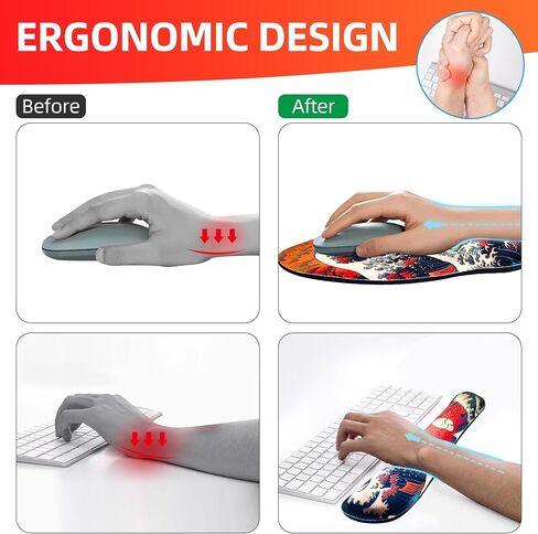 Ergonomic Japanese Sea Waves Small Mouse Pad with Wrist Rest and Keyboard Wrist Rest Set,Easy Typing & Pain Relief,Gaming Mousepad with Wrist Support for Computer Keyboard,Non-Slip Rubber Base in Kuwait
