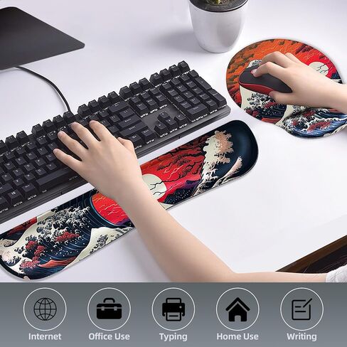 Ergonomic Japanese Sea Waves Small Mouse Pad with Wrist Rest and Keyboard Wrist Rest Set,Easy Typing & Pain Relief,Gaming Mousepad with Wrist Support for Computer Keyboard,Non-Slip Rubber Base in Kuwait