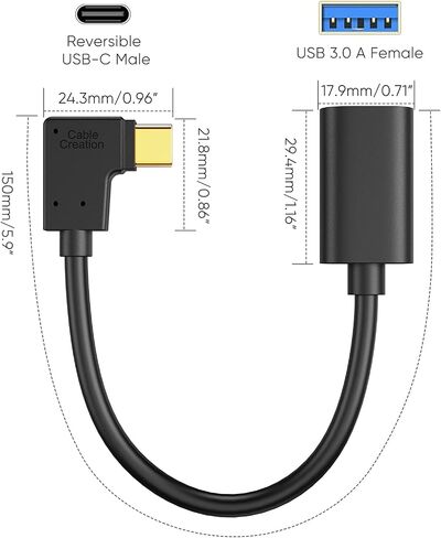 محول CableCreation من النوع C إلى USB 3.0، محول كابل USB C ذكر 90 درجة إلى USB A أنثى OTG، متوافق مع MacBook Pro وSamsung Note 8 وDell XPS 15 وما إلى ذلك، 15 سم/أسود in Saudi Arabia