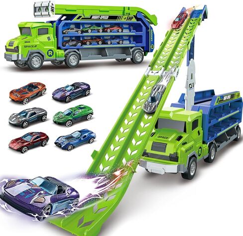 Toddler Car Truck Toys,Car Carrier Truck Toy for Kids Age 3-5 4-8,Foldable Car Track Sets with 2.8-Ft Race Track and 6 Die-Cast Race Cars, Truck Toys Gifts for 3 4 5 6 7 8+ Year Old Boys Girls(orange) in Kuwait