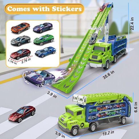 Toddler Car Truck Toys,Car Carrier Truck Toy for Kids Age 3-5 4-8,Foldable Car Track Sets with 2.8-Ft Race Track and 6 Die-Cast Race Cars, Truck Toys Gifts for 3 4 5 6 7 8+ Year Old Boys Girls(orange) in Kuwait