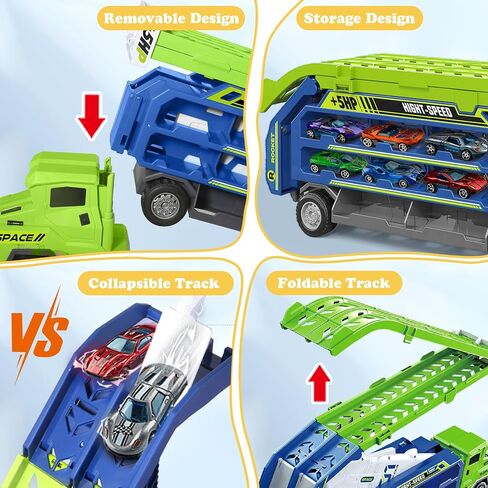 Toddler Car Truck Toys,Car Carrier Truck Toy for Kids Age 3-5 4-8,Foldable Car Track Sets with 2.8-Ft Race Track and 6 Die-Cast Race Cars, Truck Toys Gifts for 3 4 5 6 7 8+ Year Old Boys Girls(orange) in Kuwait