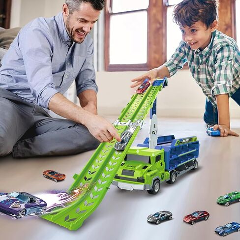 Toddler Car Truck Toys,Car Carrier Truck Toy for Kids Age 3-5 4-8,Foldable Car Track Sets with 2.8-Ft Race Track and 6 Die-Cast Race Cars, Truck Toys Gifts for 3 4 5 6 7 8+ Year Old Boys Girls(orange) in Kuwait