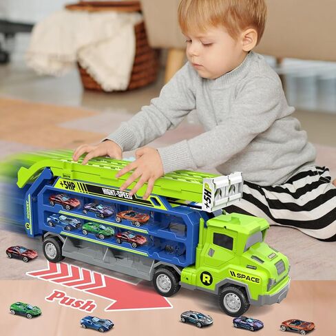 Toddler Car Truck Toys,Car Carrier Truck Toy for Kids Age 3-5 4-8,Foldable Car Track Sets with 2.8-Ft Race Track and 6 Die-Cast Race Cars, Truck Toys Gifts for 3 4 5 6 7 8+ Year Old Boys Girls(orange) in Kuwait