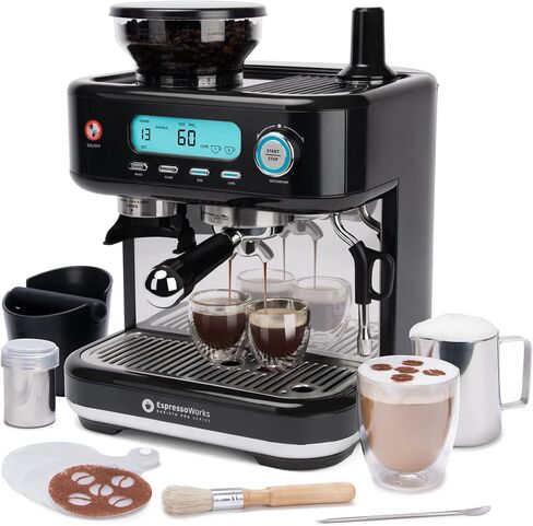 EspressoWorks Barista Pro Series Espresso Machine with Grinder, LCD Display and Steamer - Ready To Go In 60 Sec - 15-Bar Latte and Cappuccino Machine 30-Piece Bundle - Coffee Gifts (Silver) in Kuwait