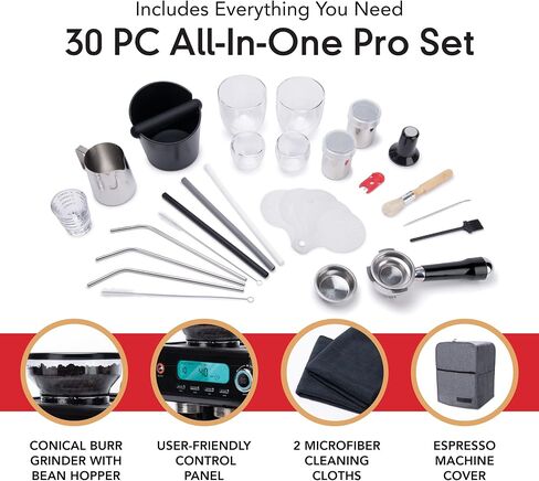 EspressoWorks Barista Pro Series Espresso Machine with Grinder, LCD Display and Steamer - Ready To Go In 60 Sec - 15-Bar Latte and Cappuccino Machine 30-Piece Bundle - Coffee Gifts (Silver) in Kuwait