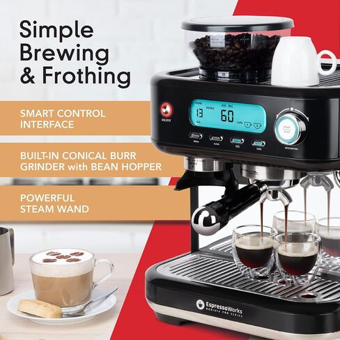 EspressoWorks Barista Pro Series Espresso Machine with Grinder, LCD Display and Steamer - Ready To Go In 60 Sec - 15-Bar Latte and Cappuccino Machine 30-Piece Bundle - Coffee Gifts (Silver) in Kuwait