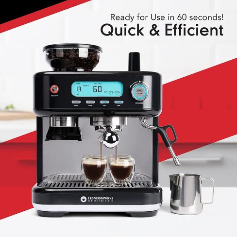 EspressoWorks Barista Pro Series Espresso Machine with Grinder, LCD Display and Steamer - Ready To Go In 60 Sec - 15-Bar Latte and Cappuccino Machine 30-Piece Bundle - Coffee Gifts (Silver) in Kuwait
