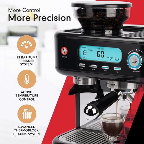 EspressoWorks Barista Pro Series Espresso Machine with Grinder, LCD Display and Steamer - Ready To Go In 60 Sec - 15-Bar Latte and Cappuccino Machine 30-Piece Bundle - Coffee Gifts (Silver) in Kuwait