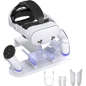 Kuject Charging Dock for Quest 3 & Quest 3s, Fast Charging Station with Head Strap Support Bracket for VR Headset and Controllers, Charging Stand Accessories with 2 Rechargeable Batteries