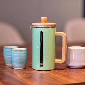 34oz Large aestethic french press coffee maker, with wood handle & plunger head, stainless steel heat keeper shell, Replaced filters & borosilicate glass, mint green. Longlasting easy to use
