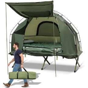 GYMAX Tent Cot, 5-in-1 Folding Camping Cot with Mattress & Pillows, Sleeping Bags, Sunshade, Camping Tent Elevated with Carrying Bag for Outdoor Hiking, Fishing, Picnic