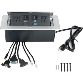 Table Pop up Power Strip Box Desktop Pop Up Outlet Recessed Multimedia Strip Socket Conference Table Power Hub Hidden Table Connection Box with Outlet Network HDMI for Office Desk (Black-D)