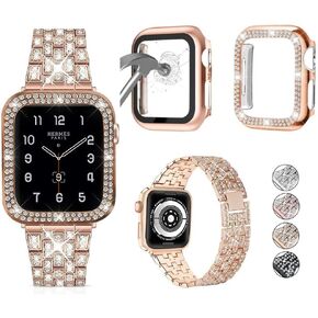 3-Pack Compatible For Apple Watch Band 38mm 40mm 41mm 42mm 44mm 45mm 46mm 49mm with Case, Bling Diamond Metal Band with Diamond Case + Screen Protective Cover For iWatch Series 10 9 SE 8 7 6 5 4 3 2 1 (Red, 42mm Series 10)