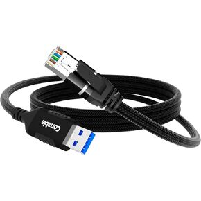 Ethernet to USB Cable 0.5 Feet, USB 3.0 Type A to RJ45 Network Internet LAN Adapter, Gigabit, Directly Connected, Aluminum, Braided, Compatible with Laptop, PC, Switch and More, Black Cable