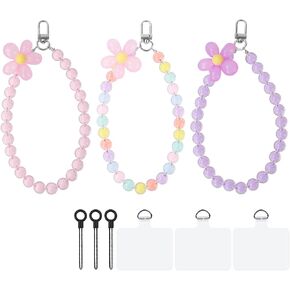 AULEEP 3pcs Purple and Pink Flower Phone Charm for Women Girls, Cute Beaded Phone Bracelet Wrist Strap Phone Wristlet Crystal Colorful Handmade Phone Chain for iPhone and other Cellphones