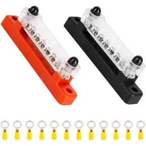 BlueStars 2 Packs Bus Bar 130A AC/ 150A DC, 300V AC/ 48V DC, 6 Terminal Power Distribution Block with 12 Wire Lugs - Battery Junction Post for Car Golf Cart RV Boat Solar Cell - Positive & Negative