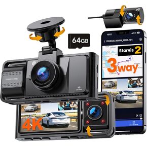 كاميرا داش 4K 3 قنوات مدمجة 5G WiFi GPS، STARVIS 2 Sony Night Vision، 4K+1080P+1080P كاميرا أمامية داخلية وخلفية للسيارة، وضع ركن السيارة على مدار 24 ساعة، مستشعر G، HDR، بطاقة 64 جيجابايت متضمنة، تسجيل حلقي