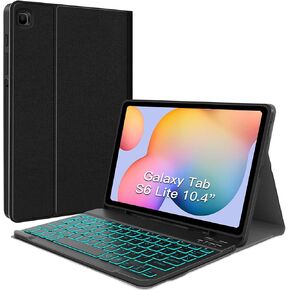 حافظة لوحة مفاتيح بإضاءة خلفية من JUQITECH لهاتف Samsung Galaxy Tab S6 Lite 10.4 بوصة 2024/2022/2020، Galaxy Tab S6 Lite SM-P620/P625/P610/P613/P615/P619 حافظة كمبيوتر لوحي مع حامل قلم S للوحة المفاتيح اللاسلكية، أسود