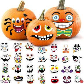 Aowplc Pumpkin Decorating Stickers Kit - 48 Different Fun Faces, Large Halloween Stickers for Crafts, Party Favors, and Treats