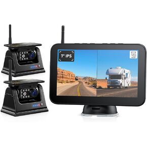 Magnetic Solar Wireless Backup Camera HD 1080P 7" DVR Monitor, Dual RV Cameras Wireless System for Hitch Towing Travel RV Camper 5th Wheel, Built-in 9600mAh Battery & Solar Panel, BD702