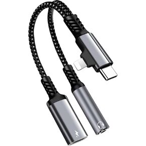 2 in 2 Light-ning and USB C to 3.5mm Headphone audio and Fast Charger Adapter, USB C to 3.5mm Jack, Light-ning to 3.5mm aux, Compatible with GalaxyS22/S21 Ultra, i-Pad Pro, Pixel, i-Phone 15 14 13 etc