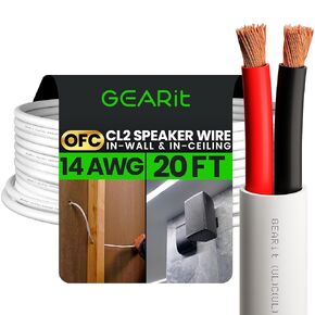 GearIT 14/2 Speaker Wire (20 Feet) 14AWG Gauge - Fire Safety in Wall Rated Audio Speaker Wire Cable / CL2 Rated / 2 Conductors - OFC Oxygen-Free Copper, White 20ft