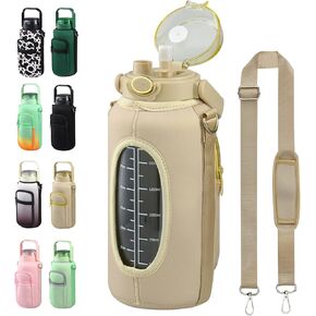 Half Gallon 64oz Glass Water Bottle with Straw and Storage Sleeve Motivational Water Bottle with Strap and Time to Drink 2L Leakproof Reusable Water Jug for Fitness Gym and Outdoors