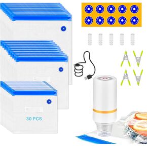46 PCS Electric Vacuum Sealer, Sous Vide Bags, Handheld Mason Jar Vacuum Sealer & 15 PCS Reusable Vacuum Food Storage Bags for Anova, Joule Cookers, 4 Cooking Clips, 5 Sealing Clips