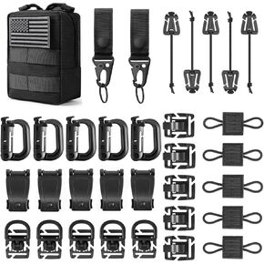 FRTKK Molle Accessories Kit of 34 Attachments for Tactical Backpack Belt Vest D-Ring Locking Gear Clip for 1“ Webbing Strap