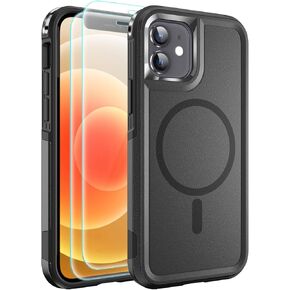 Ezanmull for iPhone 12/12 Pro Case, [Compatible with MagSafe] [Shockproof] [Dropproof] [with 2 pcs Tempered Glass Screen Protector] Protective Cover for iPhone 12/12 Pro (Z Magnetic Black)